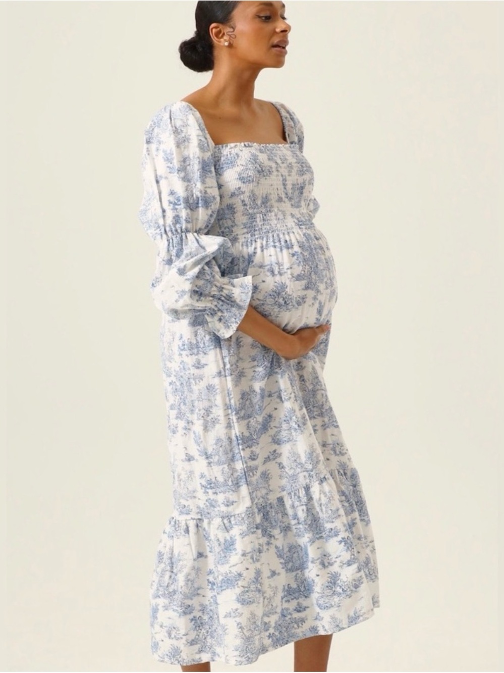 Blue Toile Square-Neck Maternity Midi Dress